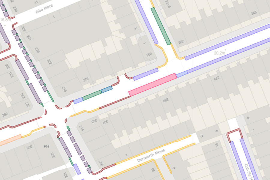 Kerbside Roadmap, showing different types of parking bays and traffic restrictions