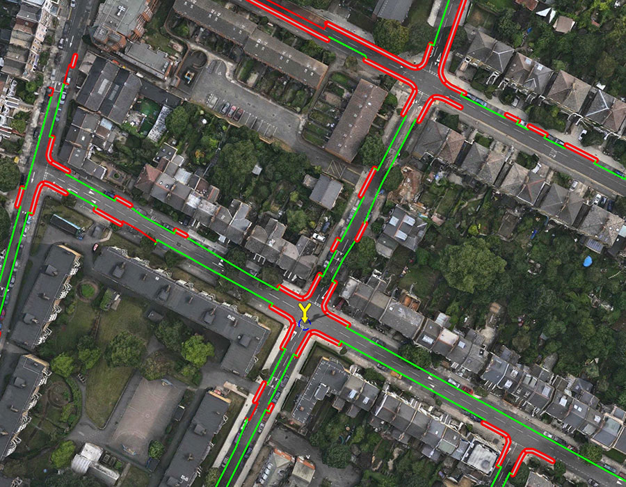 Aerial view of a London borough showing parking bays and restrictions