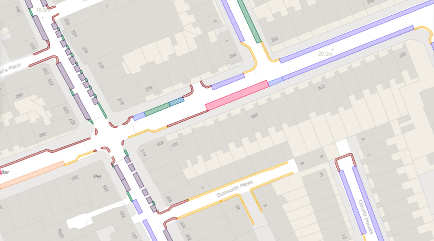 Kerbside management map, showing different types of parking pays and traffic restrictions